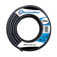 Electraline 11703, Câble pour rallonges électriques, H05VV-F, Section 3G1 mm, Longueur 50 m, Noir