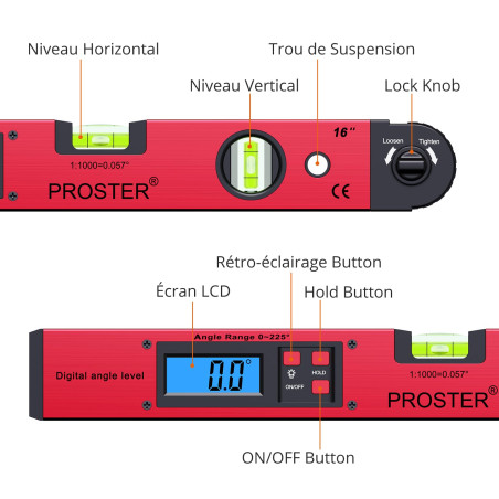 Proster Rapporteur d'Angle Numérique, 0-225 ° Fausse Equerre Menuisier 400 mm avec Niveau à Bulles Mesure l'Angle LCD Rétro-écla