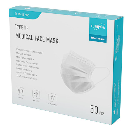 EUROPAPA® 50x Medizinisch Type IIR Norm EN 14683 TÜV CE zertifizierte Mundschutzmasken OP Masken 3-lagig Mundschutz Gesichtsmask