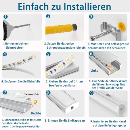 Chesbung Profilé Aluminium LED - 10x0.5mètre Aluminium Profilé u-forme pour Bandes à LED, Compact Finition Professionnelle avec 