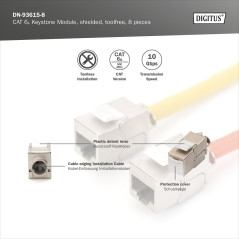 DIGITUS Keystone Module Cat-6A Blindé - 8 pièces - RJ45 Femelle - 500 MHz 10GBase-T - AWG 26-22 - Montage sans Outils