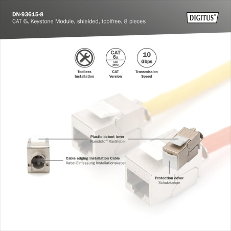 DIGITUS Keystone Module Cat-6A Blindé - 8 pièces - RJ45 Femelle - 500 MHz 10GBase-T - AWG 26-22 - Montage sans Outils
