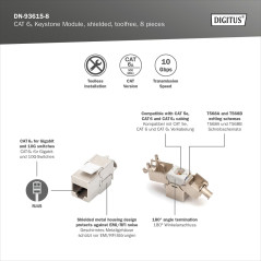 DIGITUS Keystone Module Cat-6A Blindé - 8 pièces - RJ45 Femelle - 500 MHz 10GBase-T - AWG 26-22 - Montage sans Outils