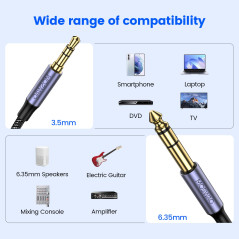 MOSWAG Câble Audio 3.5mm vers 6.35mm Stéréo Jack 3M, Câble Jack TRS Nylon Tressé 6.35 Mâle vers 3.5 Mâle pour DVD, Haut Parleurs