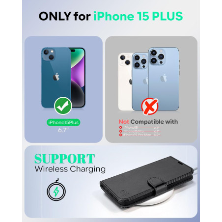 OCASE Etui Coque pour iPhone 15 Plus, Antichoc TPU Housse Cuir PU Portefeuille [RFID Blocage] [Béquille] [Fentes pour Cartes] Pr