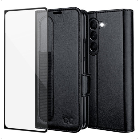 OCASE Coque Samsung Galaxy Z Fold 5 avec Porte S-Pen, Antichoc Housse Cuir PU Portefeuille Etui [Verre trempé Protection écran] 