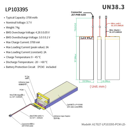 EEMB Batterie Lithium polymère 3,7v 3700mAh 103395 Batterie Rechargeable lipo avec connecteur JST avec VXI Blue Parrott - vérifi