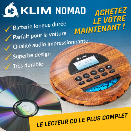 KLIM Nomad Wood - Nouveauté - Lecteur CD Portable - Batterie Intégrée Longue Durée - Écouteurs KLIM Fusion - CD-R, CD-RW, MP3 -