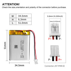 EEMB Batterie Lithium polymère 3,7V 1100mAh 603449 Batterie Rechargeable lipo avec connecteur JST avec VXI Blue Parrott - vérifi
