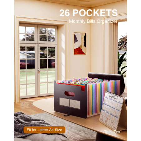 ThinkTex Trieur à Soufflets Classeur Rangement, 26 Pochettes A4 Range Document Plastique Classement Extensible Accordéon Organis