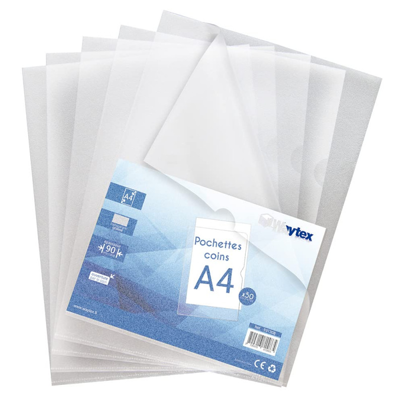 Waytex 931308 Pochette Coin Transparente A4 Grainées 90 microns – Paquet de 50 Waytex 931308 Pochette Coin Transparente A4 Grainées 90 microns – Paquet de 50