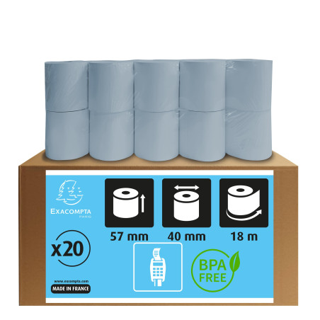 Exacompta - Réf. 40951E - Boîte de 20 bobines pour tickets de carte bancaire - largeur 57 mm x diamètre 40 mm - mandrin 12 mm -
