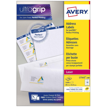 Avery Étiquettes Autocollantes Blanches, 1600 Pièces, L7162-100, 99,1 x 33,9 mm, Papier A4, Feuille A4, Pour Imprimantes Laser,