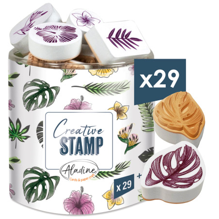 Aladine - 29 Tampons Jungle avec Encreur Noir - Pour Personnaliser Cartes, Invitations - Scrapbooking, Bullet Journal, Feuilles