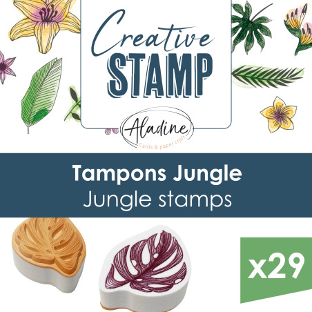 Aladine - 29 Tampons Jungle avec Encreur Noir - Pour Personnaliser Cartes, Invitations - Scrapbooking, Bullet Journal, Feuilles