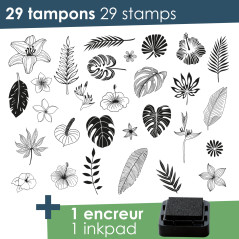 Aladine - 29 Tampons Jungle avec Encreur Noir - Pour Personnaliser Cartes, Invitations - Scrapbooking, Bullet Journal, Feuilles 