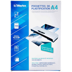 WAYTEX Pack de 100 feuilles de plastification A4 75 microns, finition brillante, transparente