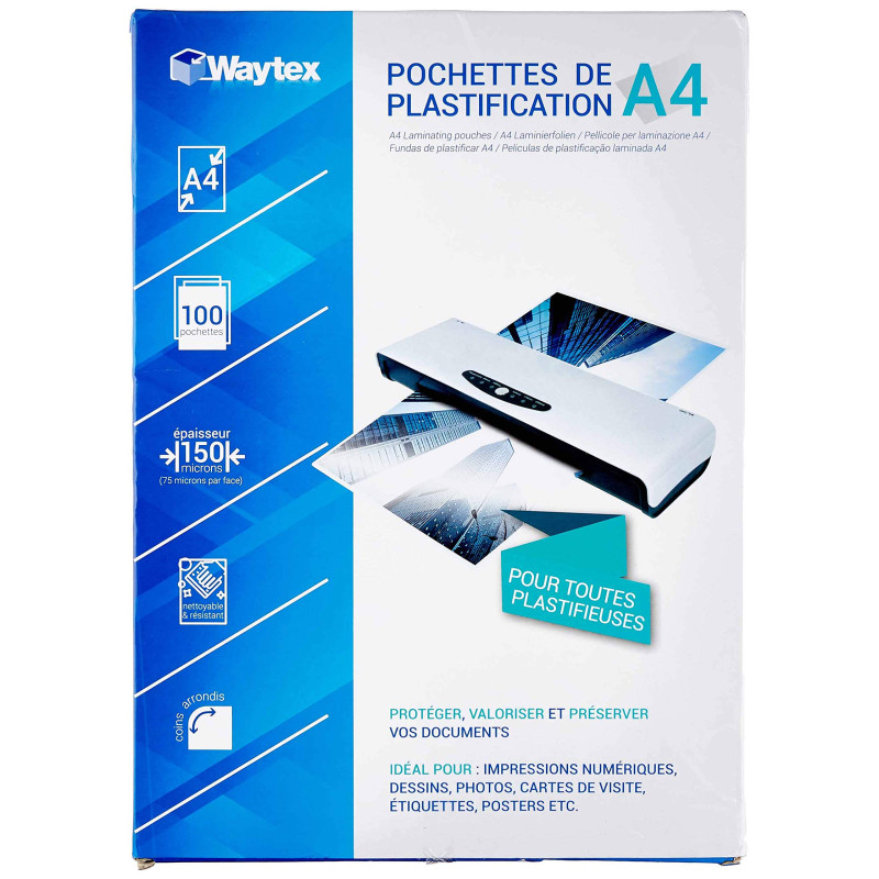 WAYTEX Pack de 100 feuilles de plastification A4 75 microns, finition brillante, transparente WAYTEX Pack de 100 feuilles de plastification A4 75 microns, finition brillante, transparente