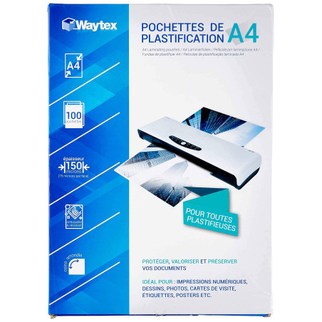 WAYTEX Pack de 100 feuilles de plastification A4 75 microns, finition brillante, transparente