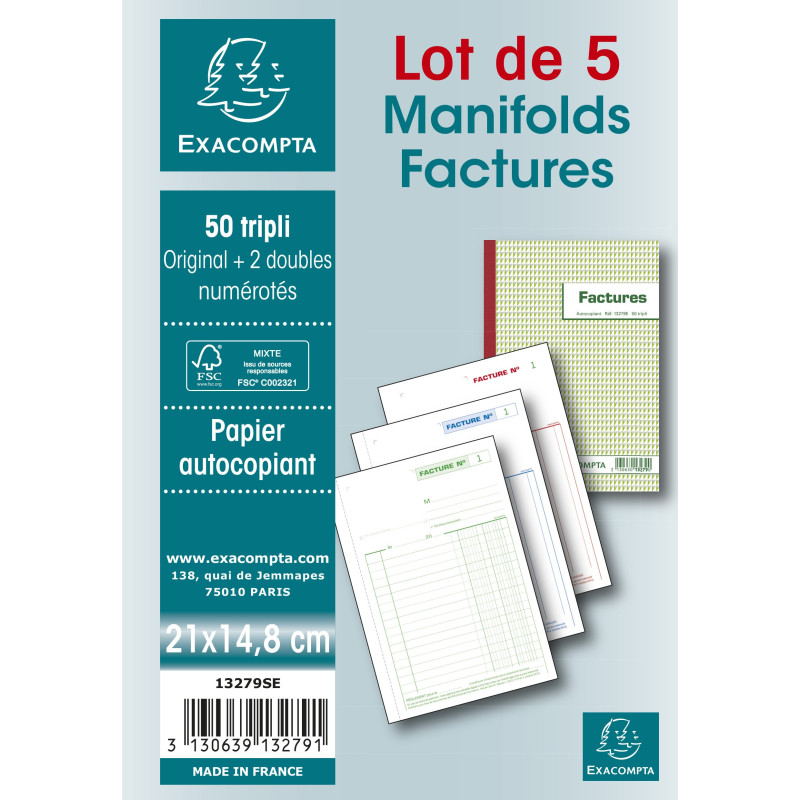 Exacompta - Réf. 13279SE - Lot de 5 manifolds FACTURES - sous film - 50 feuillets numérotés et autocopiants - triplicatas (1 ori Exacompta - Réf. 13279SE - Lot de 5 manifolds FACTURES - sous film - 50 feuillets numérotés et autocopiants - triplicatas (1 ori