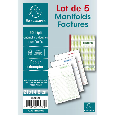 Exacompta - Réf. 13279SE - Lot de 5 manifolds FACTURES - sous film - 50 feuillets numérotés et autocopiants - triplicatas (1 ori
