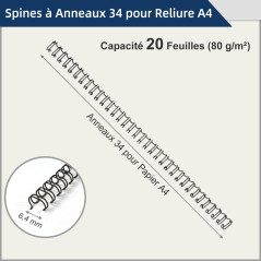 RAYSON Spirale reliure métalliques, Capacité de reliure 25 feuilles, 6,4 mm, 34 anneaux, A4, Pas de 3:1, Noir, Paquet de 100