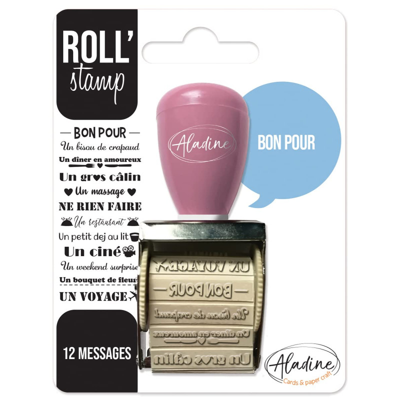 Aladine - Roll' Stamp Bon Pour - Tampon à Molette avec 12 Messages à Tamponner Partout - Idéal pour Carterie, Bullet Journal, Sc Aladine - Roll' Stamp Bon Pour - Tampon à Molette avec 12 Messages à Tamponner Partout - Idéal pour Carterie, Bullet Journal, Sc