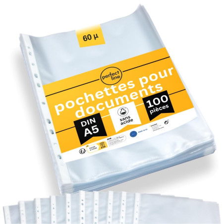 perfect line 100 pochettes transparentes pour documents DIN-A5, pochette plastique transparentes, pochette A5 grainées, Fabriqué