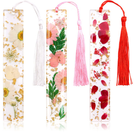 VEGCOO 3 Marque-Pages Floraux en Résine avec Fleurs Claires, Personnalisés avec Glands pour Professeurs, Lecteurs - Cadeaux d'An