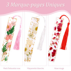 VEGCOO 3 Marque-Pages Floraux en Résine avec Fleurs Claires, Personnalisés avec Glands pour Professeurs, Lecteurs - Cadeaux d'An