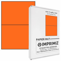 50 étiquettes autocollantes Orange fluo de 148,5 X 210 mm - 2 étiquettes/feuille - 25 planches papier A4 adhésif couleur - pour