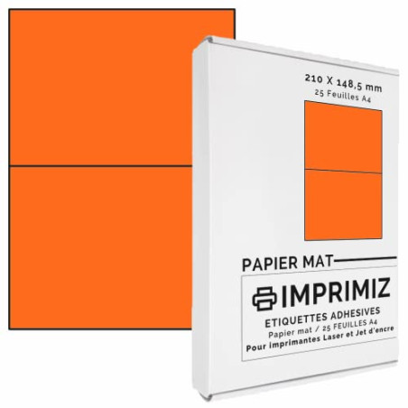 50 étiquettes autocollantes Orange fluo de 148,5 X 210 mm - 2 étiquettes/feuille - 25 planches papier A4 adhésif couleur - pour