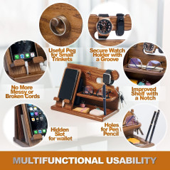 TESLYAR Cadeau Homme – Organisateur de Bureau en Bois avec Support Téléphone et Montre, Station d’Accueil, Docking Station, Supp