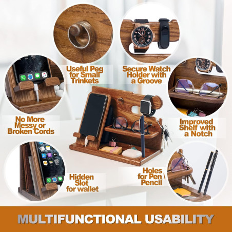 TESLYAR Cadeau Homme – Organisateur de Bureau en Bois avec Support Téléphone et Montre, Station d’Accueil, Docking Station, Supp