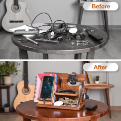 TESLYAR Cadeau Homme – Organisateur de Bureau en Bois avec Support Téléphone et Montre, Station d’Accueil, Docking Station, Supp