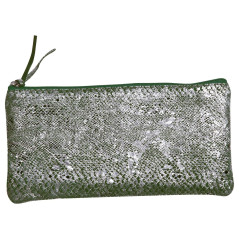 Clairefontaine 410101C - Trousse Scolaire Plate Verte et argentée motif Serpent 22x11 cm en Véritable Cuir d'Agneau - Fourniture