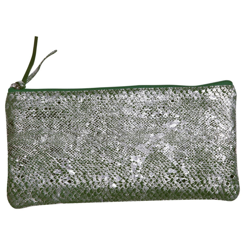 Clairefontaine 410101C - Trousse Scolaire Plate Verte et argentée motif Serpent 22x11 cm en Véritable Cuir d'Agneau - Fourniture Clairefontaine 410101C - Trousse Scolaire Plate Verte et argentée motif Serpent 22x11 cm en Véritable Cuir d'Agneau - Fourniture