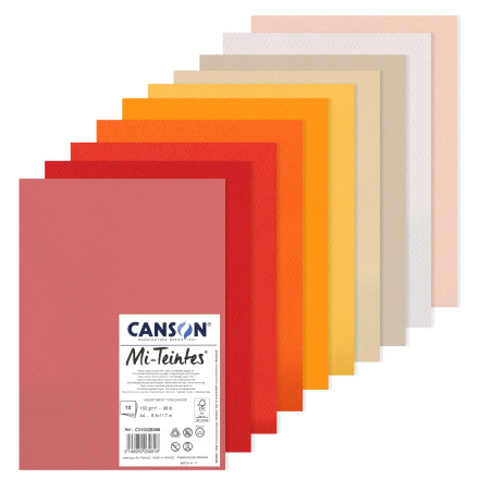 CANSON Mi-Teintes - Assortiment 10 feuilles de papier dessin A4 - 160g/m² - Tons chauds