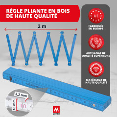 Metrie™ BLOCK 52 Mètre pliant – Mètre en bois 2 m | Bleu Ciel – Graduation duplex, Fabriqué dans l’UE | Robuste et précis | pour