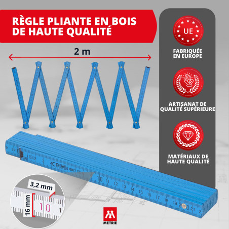 Metrie™ BLOCK 52 Mètre pliant – Mètre en bois 2 m | Bleu Ciel – Graduation duplex, Fabriqué dans l’UE | Robuste et précis | pour