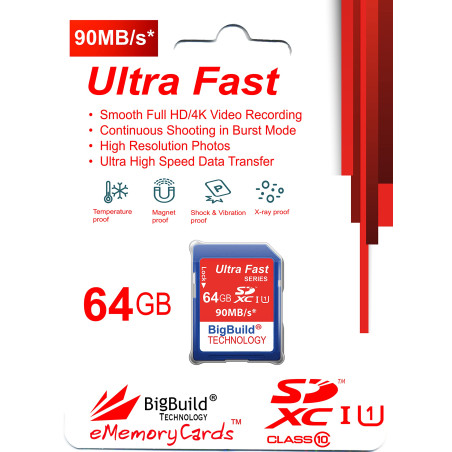 BigBuild Technology 64Go Ultra Rapide 90 Mo/s Classe 10 Carte mémoire SDXC pour Canon EOS 650D Caméra