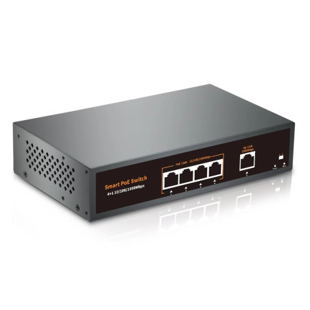 Commutateur PoE Gigabit 4 Ports entièrement équipé avec 1 Liaison Montante Gigabit, 78 W, 802.3af/at, pour Montage sur Table ou 