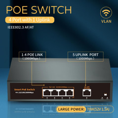 Commutateur PoE Gigabit 4 Ports entièrement équipé avec 1 Liaison Montante Gigabit, 78 W, 802.3af/at, pour Montage sur Table ou 