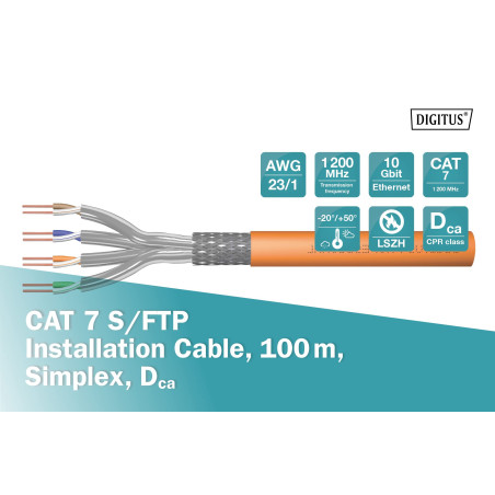DIGITUS Câble réseau Cat-7 - 100m S-FTP Câble d'installation - Simplex - Dca LSZH-3 - 1200 MHz - AWG 23/1 Cuivre - Orange