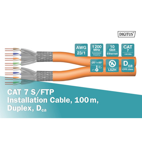DIGITUS Câble réseau Cat-7 - 100m S-FTP Câble d'installation - Duplex - Dca LSZH-3 - 1200 MHz - AWG 23/1 Cuivre - Orange