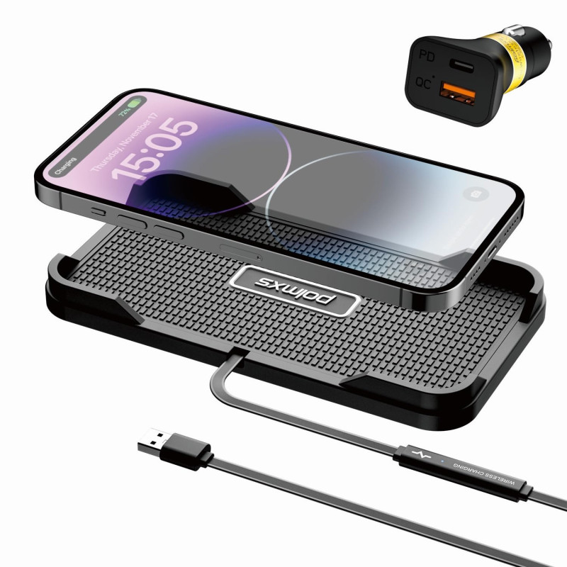 Chargeur de Voiture sans Fil, Polmxs 15W Rapide sans Fil, Tapis de Chargement sans Fil Antidérapant pour Téléphone de Voiture av Chargeur de Voiture sans Fil, Polmxs 15W Rapide sans Fil, Tapis de Chargement sans Fil Antidérapant pour Téléphone de Voiture av