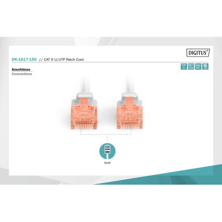 DIGITUS Câble LAN Cat 6-15m - RJ45 Câble réseau - UTP non blindé - Compatible Cat-6A & Cat-5e - Gris
