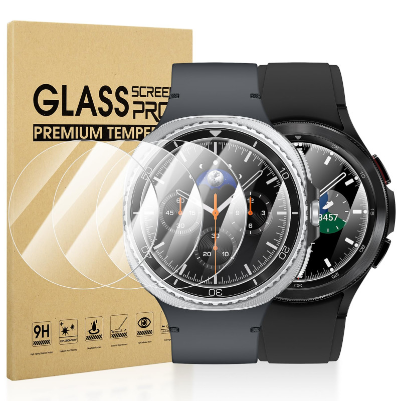Diruite 4 Pièces Verre Trempé Protecteur D'écran pour Samsung Galaxy Watch 8/4 Classic 46mm/Galaxy Watch 3 45mm (Diamètre 34.5mm