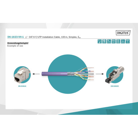 DIGITUS Câble réseau Cat 6 de 100 m - F-UTP Simplex - BauPVO Eca - LSZH sans halogène - 250 MHz cuivre AWG 23/1 - Compatible PoE