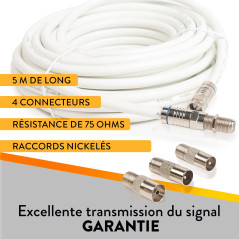 ASNQ Câble Coaxial TV RG6 5m avec Connecteurs 75 OHM - Pour Internet, Numérique, Parabole Satellite, Antenne - Premium à Haut Dé
